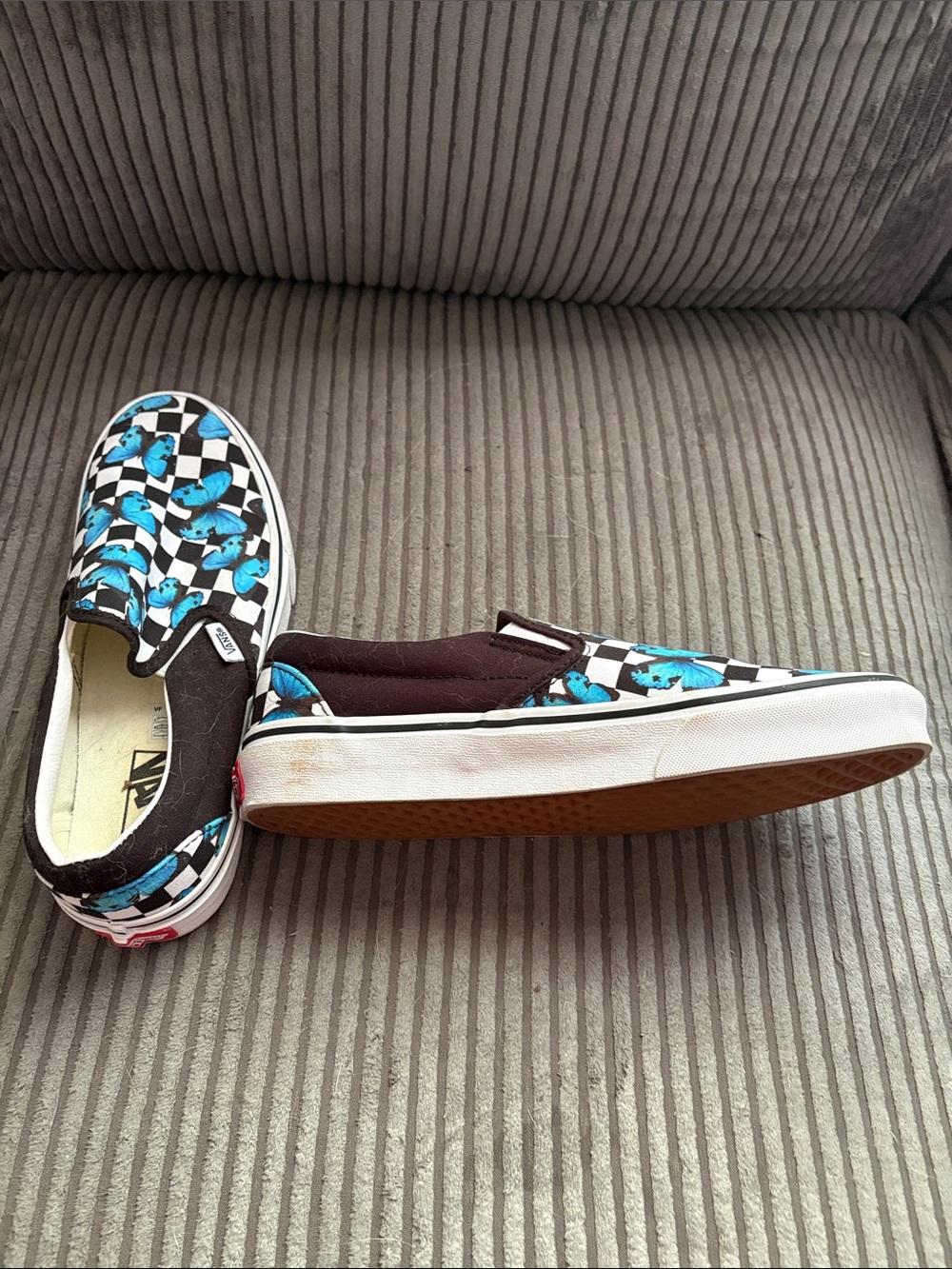 Vans Black and & Blue Checkerboard Slip-On with Butterfly Print - Picture 3 of 4